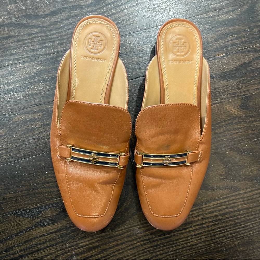Tory Burch Amelia Leather Apron Toe Loafer Mules Brown